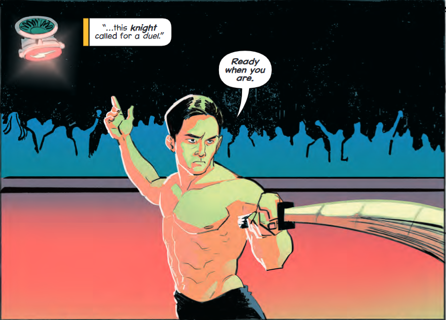 Sulu shirtless with his fencing epee. Caption says "This knight called for a duel" and Sulu is saying "Ready when you are"